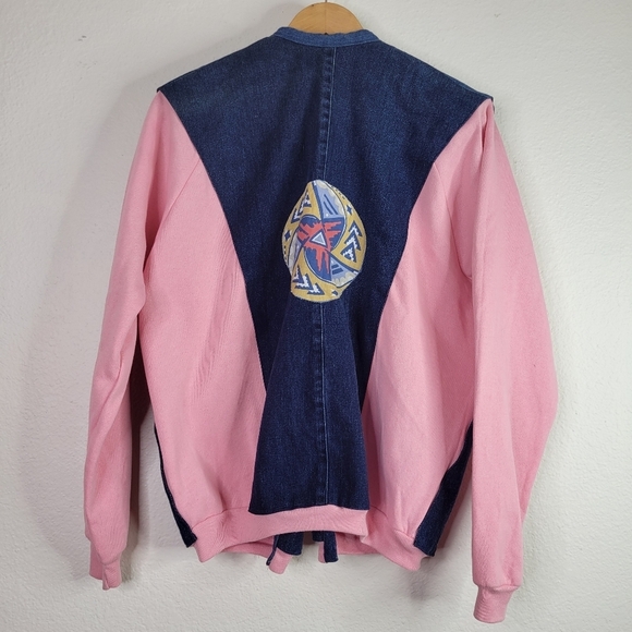 OOAK Pink denim jacket upcycled retro sweater - Picture 2 of 8
